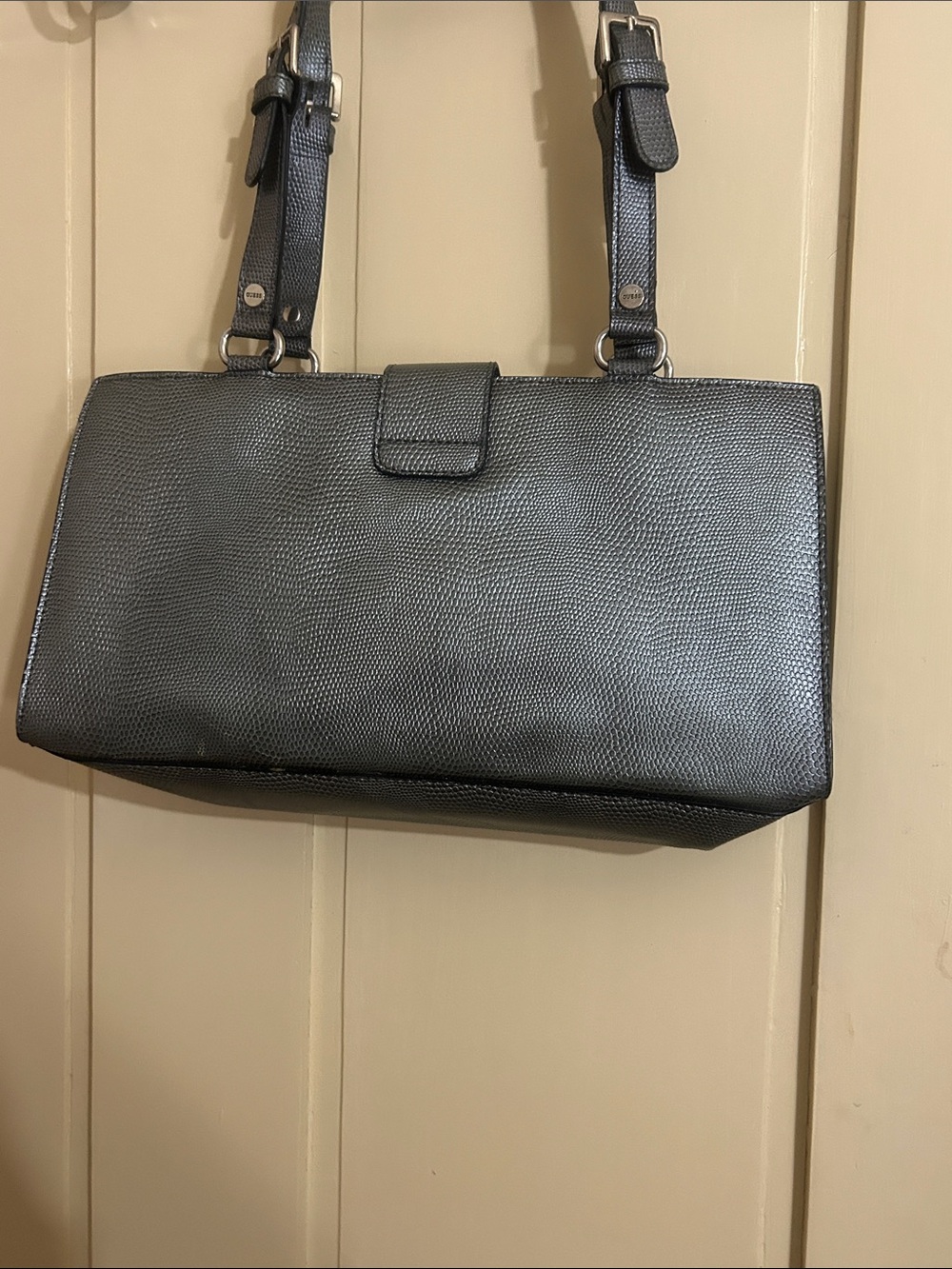 Guess Metallic Silver Shoulder Bag with Front Zip Pockets - Picture 5 of 9